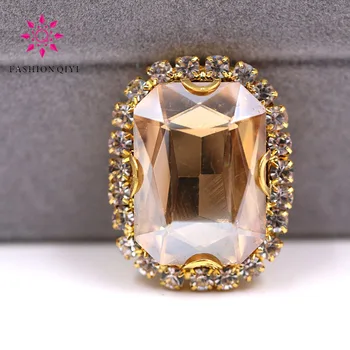 Brezplačna dostava Zlato znanja Pravokotne octagonal obliko Šampanjec sew na okrasnih steklenih Kristalov gumb DIY pribor za oblačila