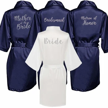 Mornarsko modro haljo srebro pismo satenast kimono pižamo poroko haljo bridesmaid, sestra, mati neveste oblačilih