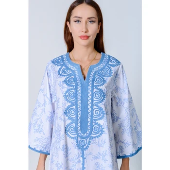 Siskakia Ročno Izdelani Vezenje Trim Maxi obleke za Ženske Bombaž Modra V Vratu Kratek Elegantno Bližnji Vzhod, arabski, turški Oblačila 2020