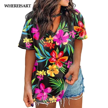 WHEREISART Moda za Ženske Priložnostne Majice Hawaiian Tropskih Cvjetnim Tiskanja Ženske Hlače, Vrhovi In Tees Plaži, Dame Camiseta Femme