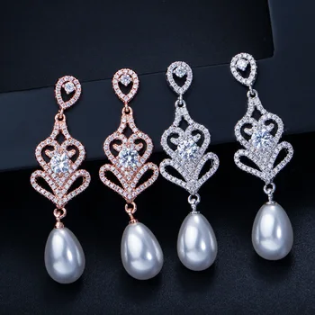 Sinzry Luksuzni gorgous poročni nakit letnik kubičnih cirkon stranka dolgi uhani simulirani pearl poročni uhani visijo