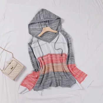 Pletene Colorblock Hooded Ženska Puloverji Plus Velikost Votlih Ven Dolg Rokav Dame Jopica 2020 Jeseni Mode Priložnostne Ženski Zgornji Deli Oblačil