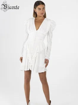 VC Brezplačna Dostava 2020 Ženske Belo Obleko Elegantno Ruffles Gumbi Vestidos Ženske obleke Slaven Patry Mini Obleka