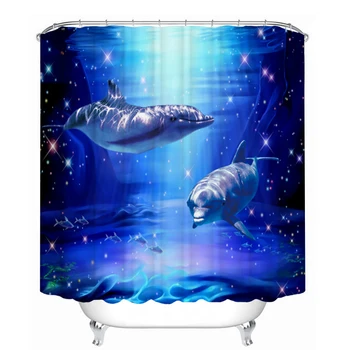 3D Ocean Design Dolphin Nepremočljiva Tkanine, Kopalnica Modra Zavesa Tuš Zavese Nastavite Proti drsenju Preproge, Wc Pokrov Pokrov Kopel Mat