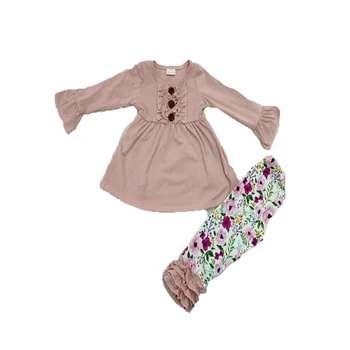Gumb baby dekleta obleke jeseni elegantno vrhovi+cvet ruffle hlače 2 kos set otrok boutique otroška oblačila obleke gxj
