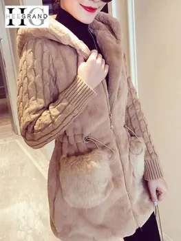 Moda Faux Kotlovec suknjič Ženske 2020 Pozimi Plus Velikost S-4XL Hooded Klasičnih Outwear Mozaik Debel Toplo Luksuzni Pleteni jakna