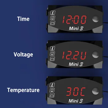 Mini 3 V 1 DC 12V LED Digitalni Zaslon Voltmeter Voltmeter Uro, Termometer Indikator Za motorno kolo, Scooter IP67 Nepremočljiva