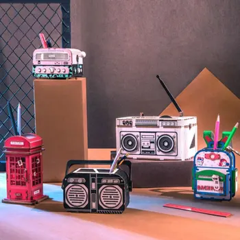 Creative 3D Lesene Puzzle Phone Booth Model Gradnjo Kompleti Penholder DIY Igrača za Otroka Odraslih Nova