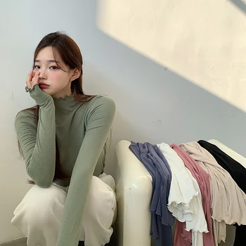 T-majice Ženske Slim Stretch Preprosto Elegantno Vse-tekmo Priljubljen korejski Urad Dama Vrhovi Čisto Toplo Prodaje Trendy Femme Dolg Rokav Tees