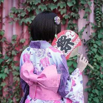 Ženske Tradtional Japonski Kimono Vijolično Gradient Rose Cvet Tiskanja Dolgo Yukata z Obi Pasu Poletni Festival Halloween Kostum