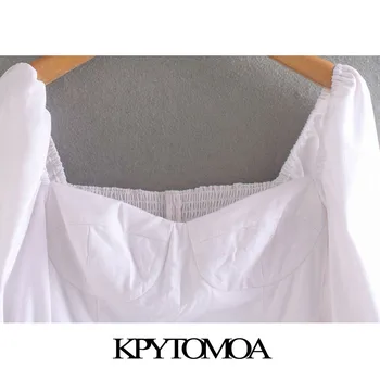 KPYTOMOA Ženske 2020 Sweet Modni Nazaj Elastična Zadrgo Odrezana Vintage Bluze Kvadratnih Ovratnik Puff Rokavi Ženske Majice Elegantna Vrhovi