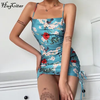 Hugcitat 2020 brez rokavov cvetlični backless povoj seksi mini obleka za poletje ženske modni ulične opreme ruched sundress
