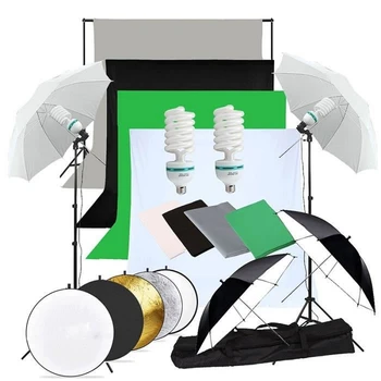 ZUOCHEN 2×135W Fotografija Studio Dežniki Razsvetljave, Komplet za Belo, Črno, Zeleno, Sivo Ozadje Krpo 2m Lahka Stojalo+5in1 Reflektor Kit