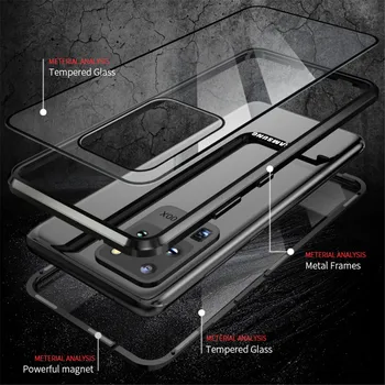 Telefon Primeru sFor Samsung Galaxy A51 A71 A10 A20 A30 A40 A50 A70 Primeru Luksuznih Sprednji In Nazaj, Kaljeno Steklo Kovine Magnetni Pokrov