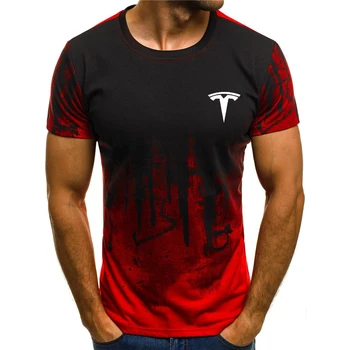 Tesla 3d logo T-shirt krog vratu gradient pismo tiskanje moda krog vratu kratek sleeved majica s kratkimi rokavi