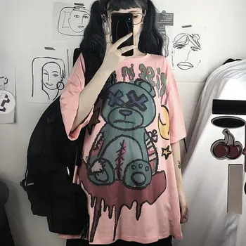 Harajuku Pastelnih Goth Tshirt Roza Kratek Rokav Kawaii Majica za Ženske, najstnice, korejski Oblačila Ulične Gothic Grafika