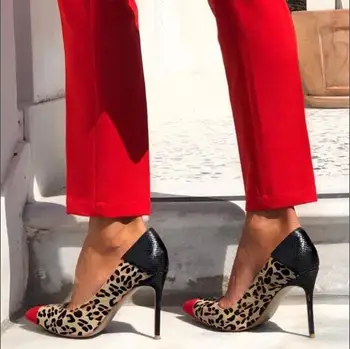 Brezplačna Dostava Velik Obseg Ženska Moda Rdeče Leopard Črna Mozaik Konicami Prstov Slip Za Stranke Visoke Pete Obleko Črpalke Lady Čevlji