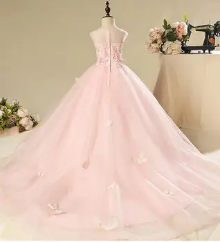 Eleganten Dolg Končni Dekleta Pageant Obleko Beaded Cvetlični Roža Punca Obleke za Poroko Prvem Obhajilu, Obleke za Stranko Princesa