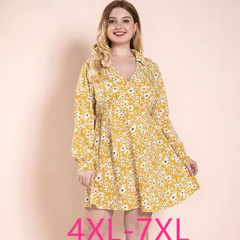 Ženski pomlad jesen plus velikost mini obleka za ženske velika svoboden priložnostne dolg rokav V vratu cvetlični kratke obleke 4XL 5XL 6XL 7XL