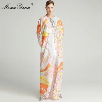 MoaaYina Modni Oblikovalec obleko Pomlad Jesen Ženske noše Batwing Rokav Geometrijo Tisk Svoboden Maxi haljo Obleke