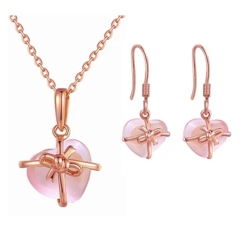 MOONROCY Rose Gold Barvi Srce Kristalno Ross Quartz Pink Opal Ogrlica, Uhani in Prstan Nakit Set za Lepe Nakit za Ženske