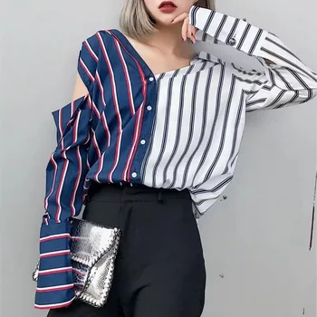 V evropi in zda veter pomladnih in poletnih žensk novo asimetrični striped majica fashion seksi majico brez naramnic