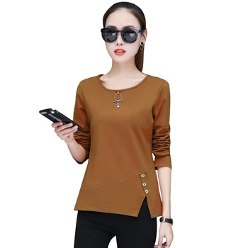 Pomlad Plus Velikost Dolgimi Rokavi Ženske O-vratu Bombaža T-shirt 2021 Jeseni Priložnostne Trdna Slim Blusas Urad Dama korejski Oblačila