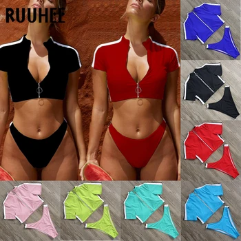 RUUHEE Kratek Rokav Bikini Kopalke Ženske, Šport Kopalke Vrh Brazilski Bikini Komplet Zadrgo Plažo kopalke Visoko Izreži 2018