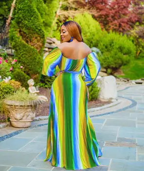 Off Ramenski Mavrica Trak Ženske Obleko Maxi Plus Velikost Afriške Barvo Čipke Priložnostne Plaže, Dolge Obleke Poletje Vestido