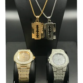 Luksuzni Moških Zlato Barvo Watch Hip Hop Moških elegantna Ogrlica Ledu Iz Kubanske Watch Kristalno Miami Obesek & Vrvi, Verige, Hip Hop Za Moške