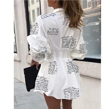 Ženske Črke Tiskanje Dolgo, Bluze, Modne Ženske Chic V Vratu Gumb Long Sleeve Majica Vrhovi Bluzo blusas mujer de moda 2019