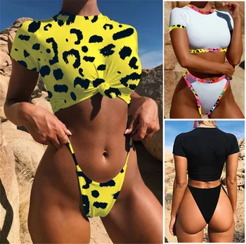 Vozel crop zgornji del bikini 2019 Leopard kopalke ženske kopalcev Rumena brazilski kopalke ženske T-shirt tangice bikini seksi plavanje nova