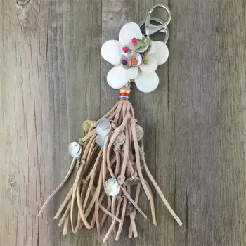Novo ročno lupini cvet z dolgo usnje tassel zlitine Ključnih Verige Za Ženske Dekle Vrečko Keychain