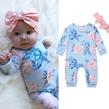 0-24M Newborn Baby Girl Obleke Cvetlični Bombaž Dolg Rokav Romper Jumpsuit Baby Playsuit Glavo Dekle Obleko Oblačila, ki