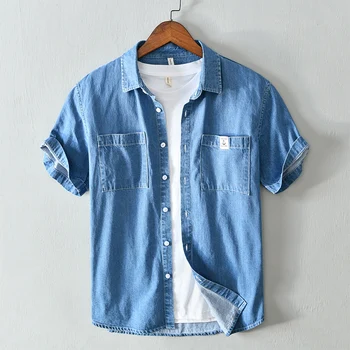 Moški priložnostne Traper srajco, nove do leta 2020 poletje kratek rokav modra majica Visoke kakovosti vrhovi Camisa masculina 558