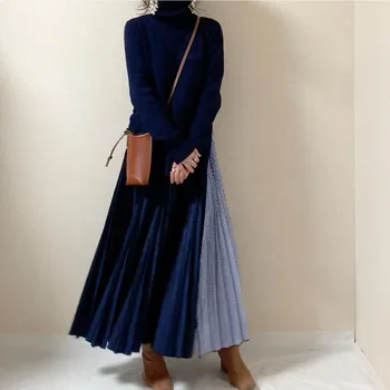 2020 Elegantno Puloverji Pleteni Obleki korejski Japonskem Slogu Ženske Pletenine Dolg Rokav Mozaik Maxi Obleko Femme Vestiods Nova