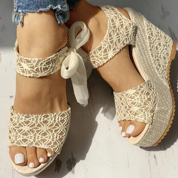 Nove ženske poletne sandale klini motnega peep toe ženske čevlje čipke platformo moda priložnostne plaži, dame sandale plus velikost nova