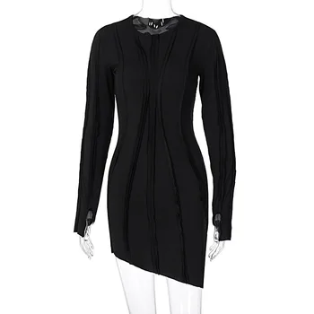 BOOFEENAA Asimetrične Black Bodycon Obleke za Ženske Obleke 2020 Fashion Sexy Rebrasto Pletenega Dolg Rokav Mini Obleka C95-CB31
