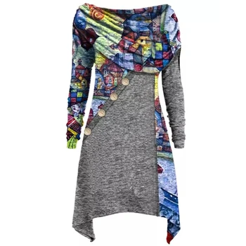 Ženske Priložnostne Mozaik Tiskanje-line Obleko 2021 Pomlad Elegantno Okrogel vratni Izrez Stranka Obleko Dame Moda Dolg Rokav Tunika Obleka