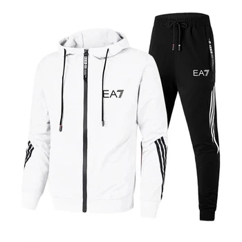 Novo EA7 moške jeseni obleko zadrgo pulover s kapuco + hlače dveh kosov priložnostne športne hlače moški šport telovadba blagovno znamko oblačil