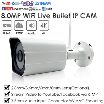 4K 8.0 MP Brezžični WiFi IR Mini Kompaktne Nepremočljiva Bullet Živo IP Kamero Pritisni in Live Video na YouTube Facebook Vimeo itd.