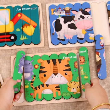 Leseno Dvojno Stranicami 3D Puzzle Otroci Igrače Montessori Risanka Ustvarjalne Velike Trakovi Jigsaw Učenje Otrok Lesa Igrača Jouet Enfant