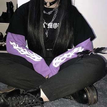 IAMSURE Jeseni Ulične Mode Mozaik Dolg Rokav T-Shirt Za Ženske Gotike Punk Stil O-Vratu Pismo Tiskanja Ženske Majice
