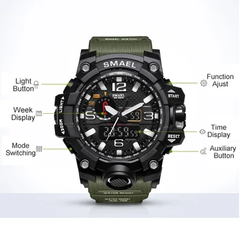 SMAEL blagovne Znamke Luksuzni Vojaške Športne ročne Ure Moške Quartz Analogna LED Digitalni Watch Človek Vodotesna Ura Dvojni Prikaz Ročne ure