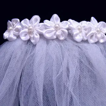 2 Stopnje Poročni Veil Cvet Umetno Pearl Bowknot Cvetlični Čipke Trim Poročne Headdress