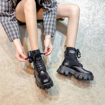 Moda za Ženske Škornji 2021 Čipke Usnje Škorenj, Anti-slip odporne na Obrabo z vrečko platformo Ženske Gleženj Boot škorenjčki ženska
