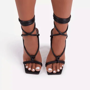 Novi modeli Poletni ženski Sandali Čipke-up Prečni Trak Visoke Pete Gladiator Sandali Open Toe Spike Pete Dame Čevlji