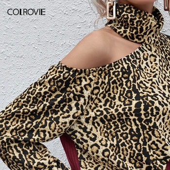 COLROVIE Spusti Ramena Visoko Vratu Izrezanka Leopard Colorblock Vrh Žensk Pomlad Dolg Rokav Dame, Priložnostne Rebro-Pletene majice