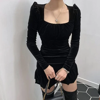 Seksi Ruffle Žametno Obleko Puff Dolg Rokav Mini Bodycon Black Letnik 2020 Pomlad Srčkan Korejski Slog Ženske Obleke Kleider Damen