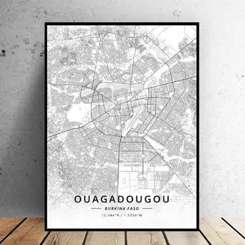 Črna in Bela Ouagadougou Burkina faso zemljepisna širina zemljepisna Dolžina Platno Art Map Plakat